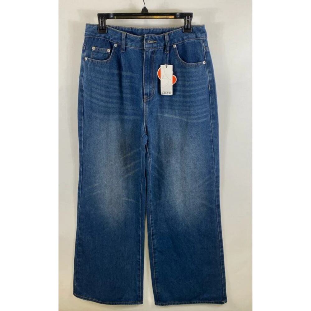 NWT Cider Womens Blue Pockets Dark Wash High Rise Denim Straight Jeans Sz. L